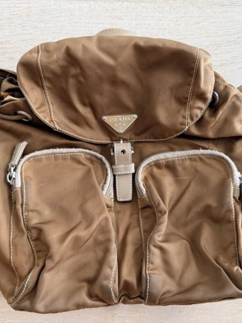Prada Tessuto Nylon Backpack Brown Tan Leather Vintage Drawstring Italy